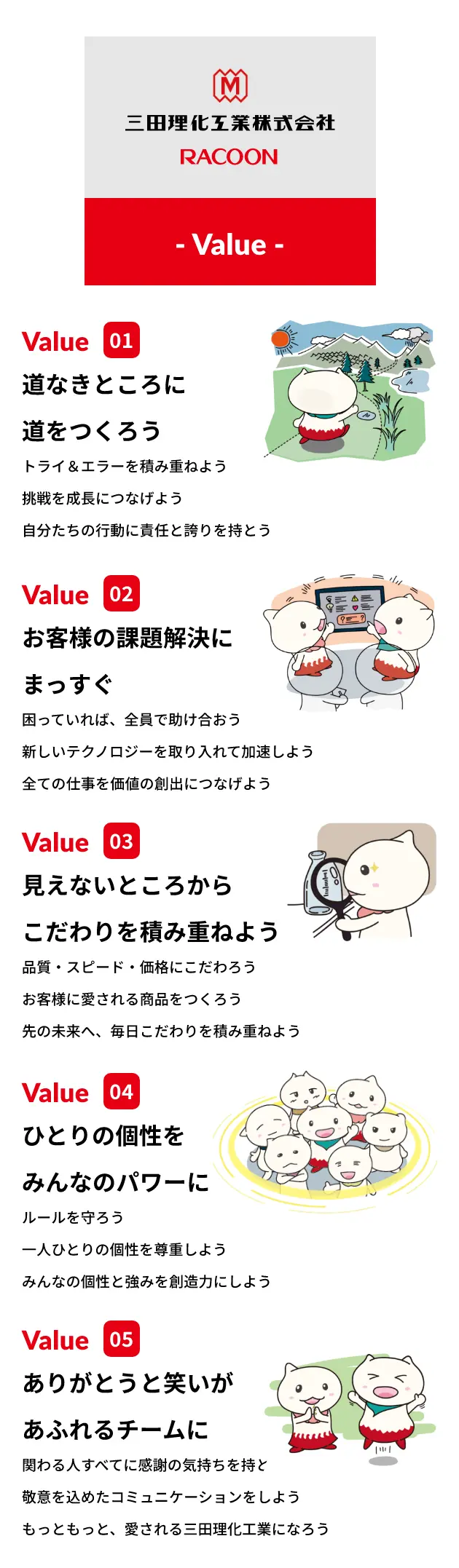 三田理化工業では、チームとして大事にしたい価値観をバリュー(共通の価値観)として定めています。
